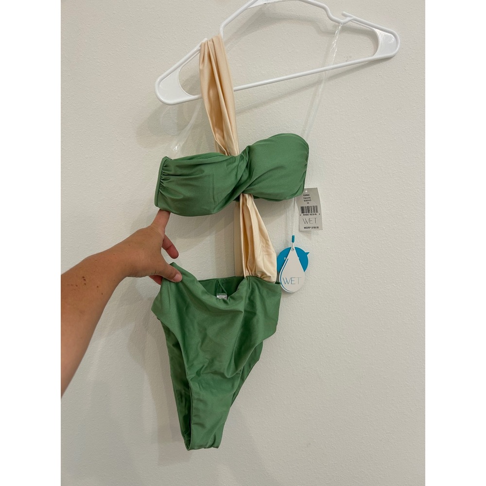 WET Swimwear Cassidy One Piece Swimsuit Sage Ivory One Shoulder Cutout XS